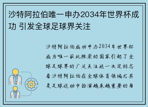 沙特阿拉伯唯一申办2034年世界杯成功 引发全球足球界关注 沙特阿拉伯唯一申办2034年世界杯成功 引发全球足球界关注